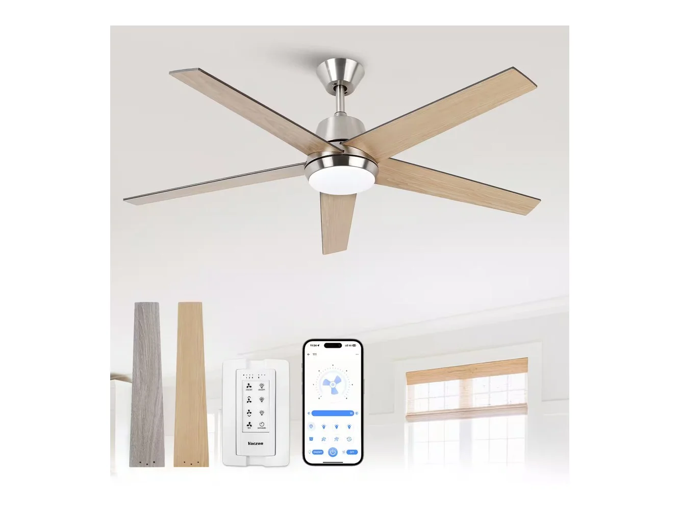 **Vaczon - 52-inch Modern 3CCT Dimmable LED Smart Ceiling Fan with Light, Remote and APP Control - Nickel**
