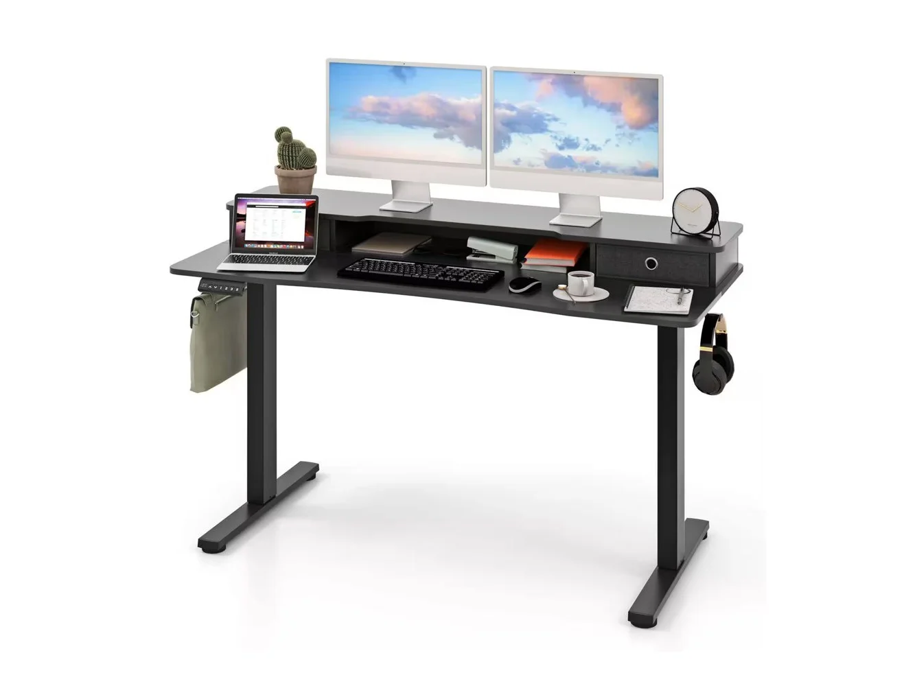 **Costway - 55"x 24" Electric Standing Desk with 2 Drawers Monitor Stand Storage Shelf - Black**