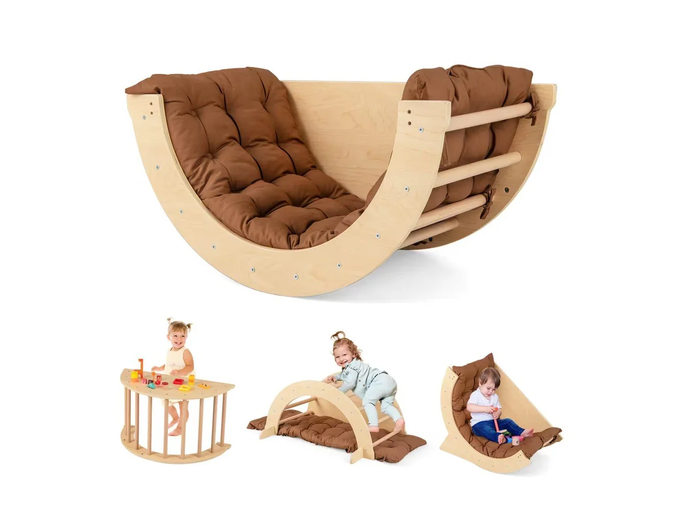 **Costway - 6 in 1 Climbing Arch Wooden Rocker Arch Climbing Toy with Removable Cushion - Coffee,Natural**