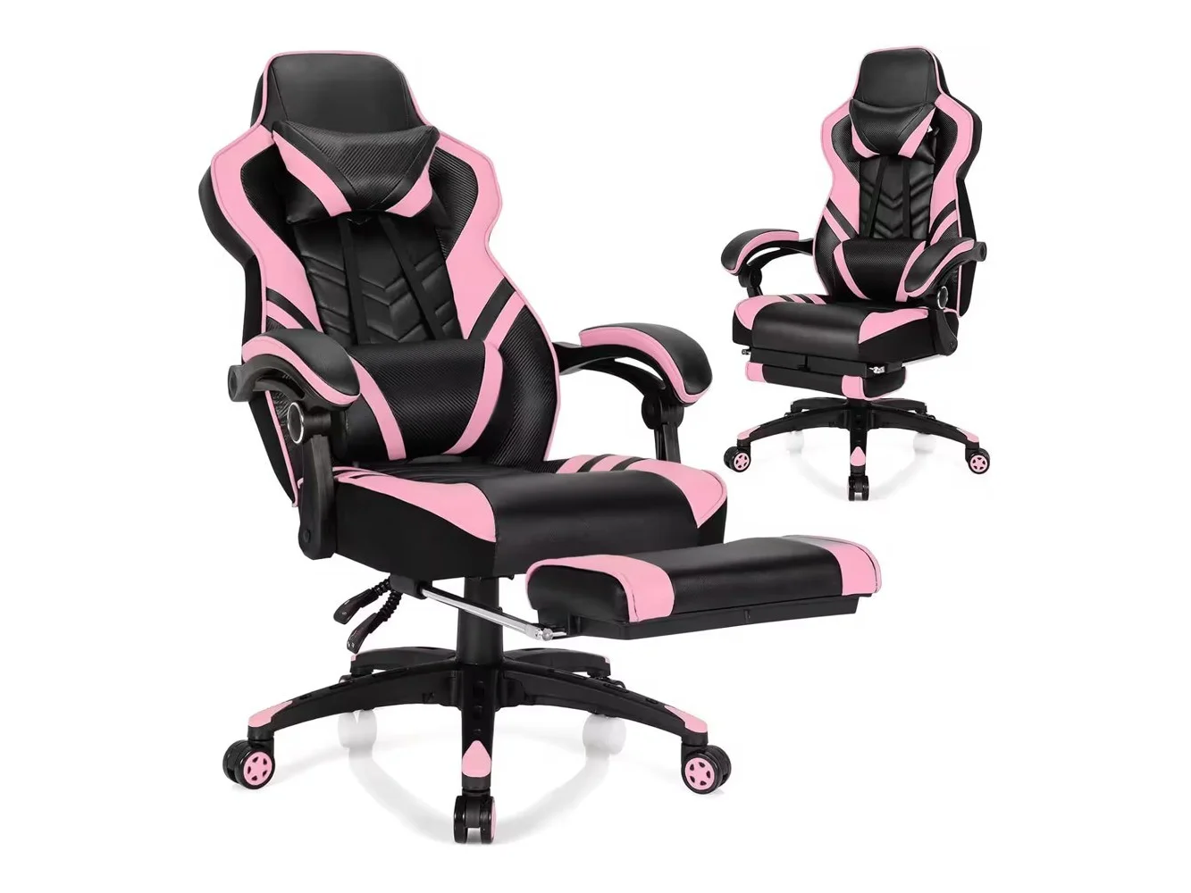 **Costway - Office Computer Desk Chair Gaming Chair Adjustable Swivel w/Footrest - Pink**