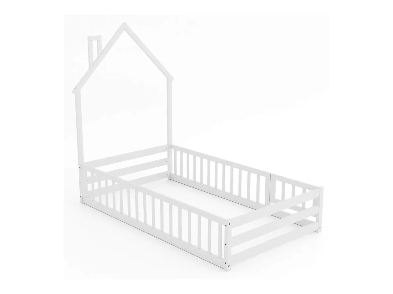 **Costway - Twin Size Montessori Floor Bed for Toddler with Lockable Door Full-Length Guardrail - White**