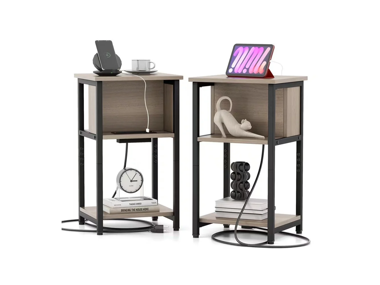 **Costway - 2 PCS Nightstand 3-Tier End Table with Charging Station USB Ports & Power Outlets - Grey + Black**