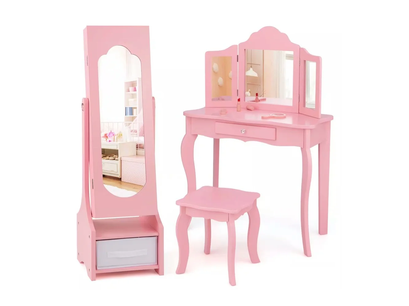 **Costway - Kids Vanity Set Princess Makeup Dressing Table & Chair Set with Jewelry Armoire - Pink**