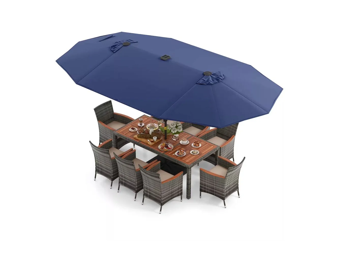 **Costway - 11 PCS Patio Dining Set with 15 ft Double-Sided Patio Umbrella 8 Armchairs - Mix Gray,Beige,Blue**