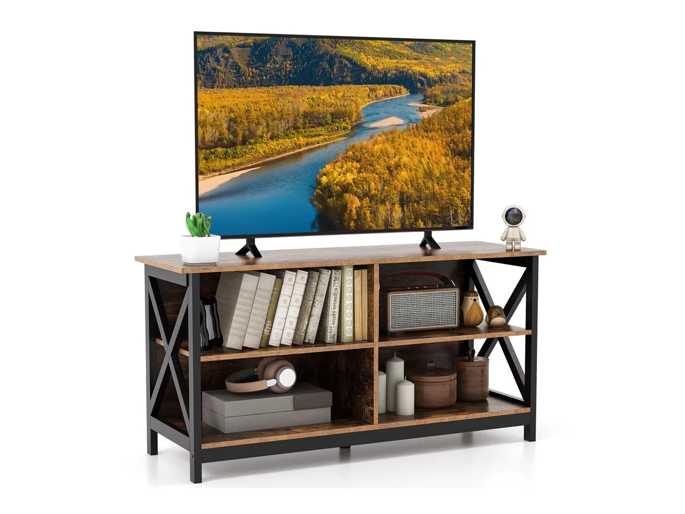 **Costway - TV Stand for TVs up to 55'' Entertainment Center w/ Storage Shelves Rustic Brown - Rustic Brown/Black**