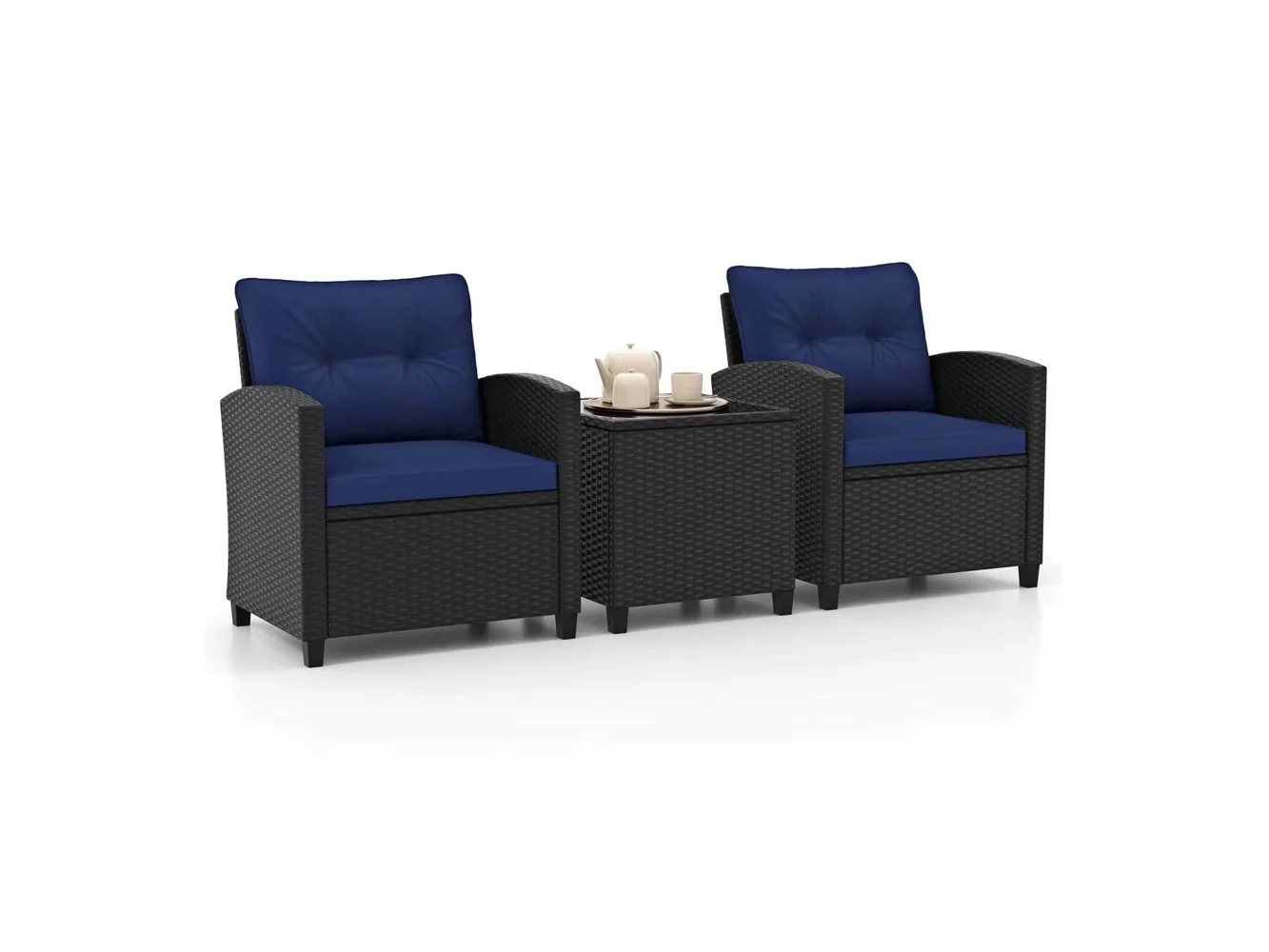 **Costway - 3 PCS Patio Furniture Set with Tempered Glass Coffee Table Washable Cushions - Navy**
