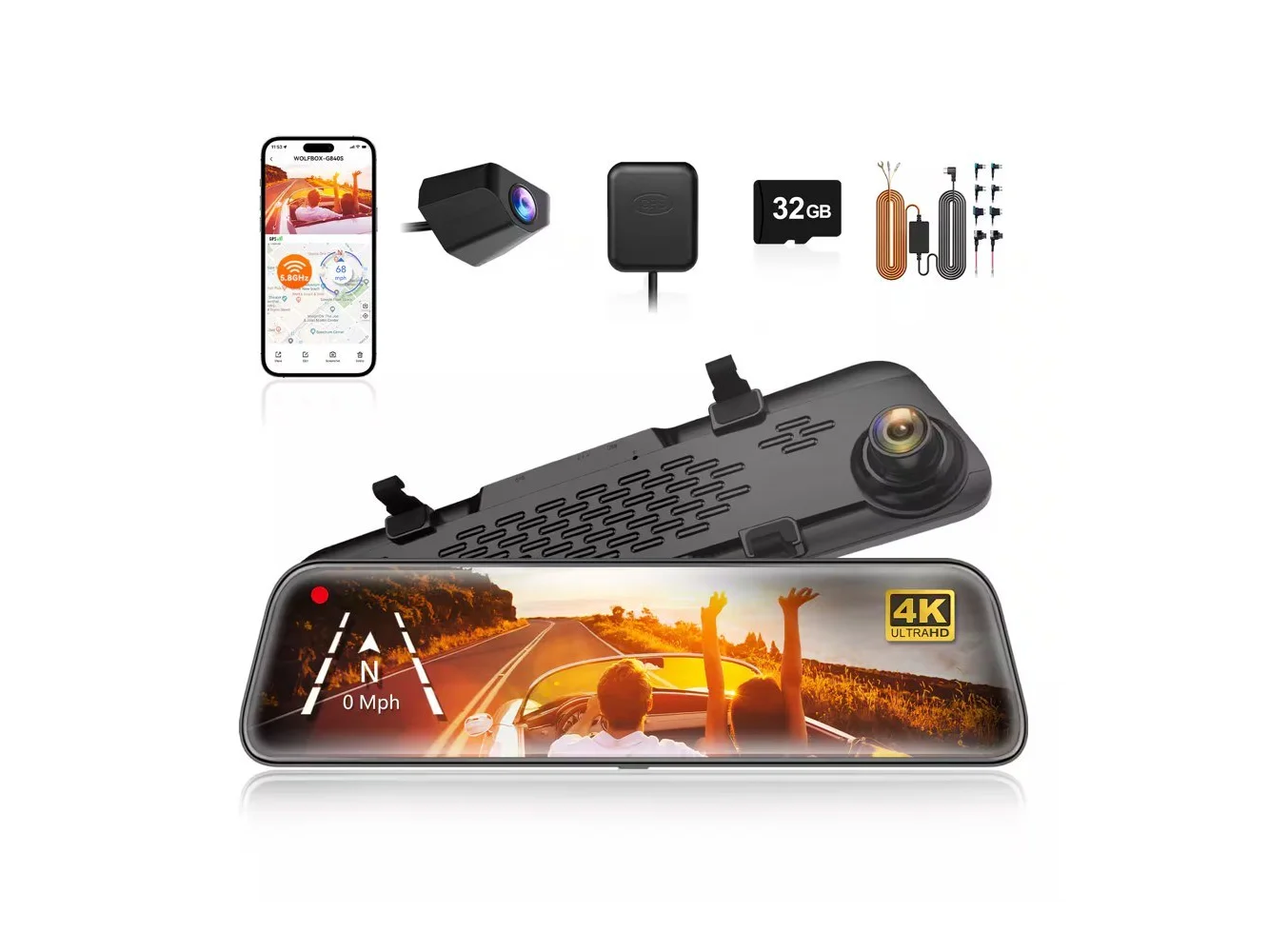 **WOLFBOX - 4K+1080P Rear View Mirror Dash Cam, 5.8G Hz Wifi, GPS, 12'' Touch Screen, WDR, Night Vision, 32GB Card, 24H Parking Mode - Black**