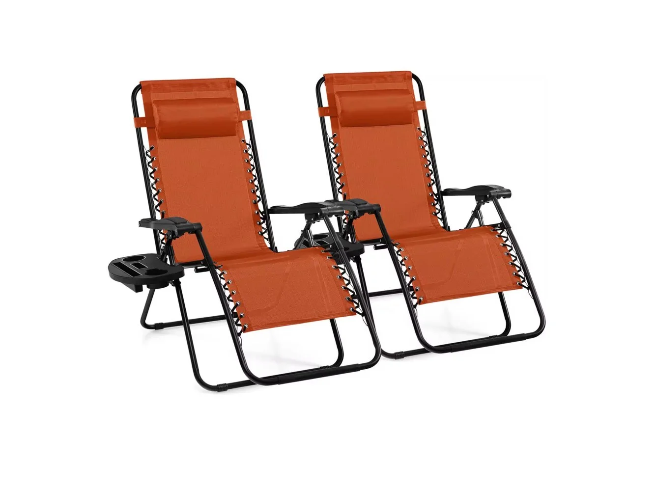 **Costway - 2 PCS Folding Zero Gravity Reclining Lounge Chairs Beach Patio with Utility Tray - Orange**