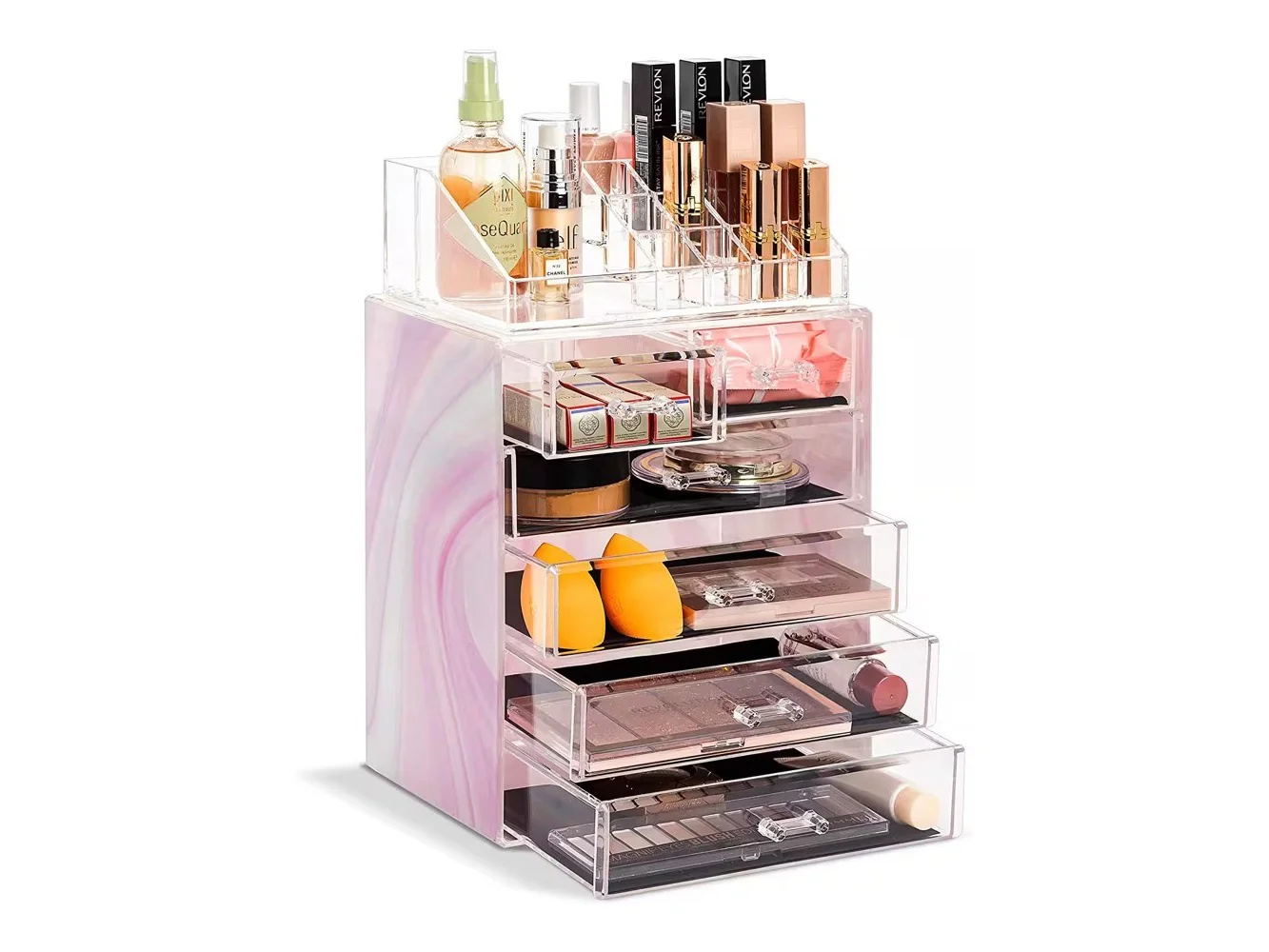 **Sorbus - 2 Piece Acrylic Makeup and Jewelry Storage Organizer Case (6 Drawers and Lipstick Tray) - Tie dye pink**
