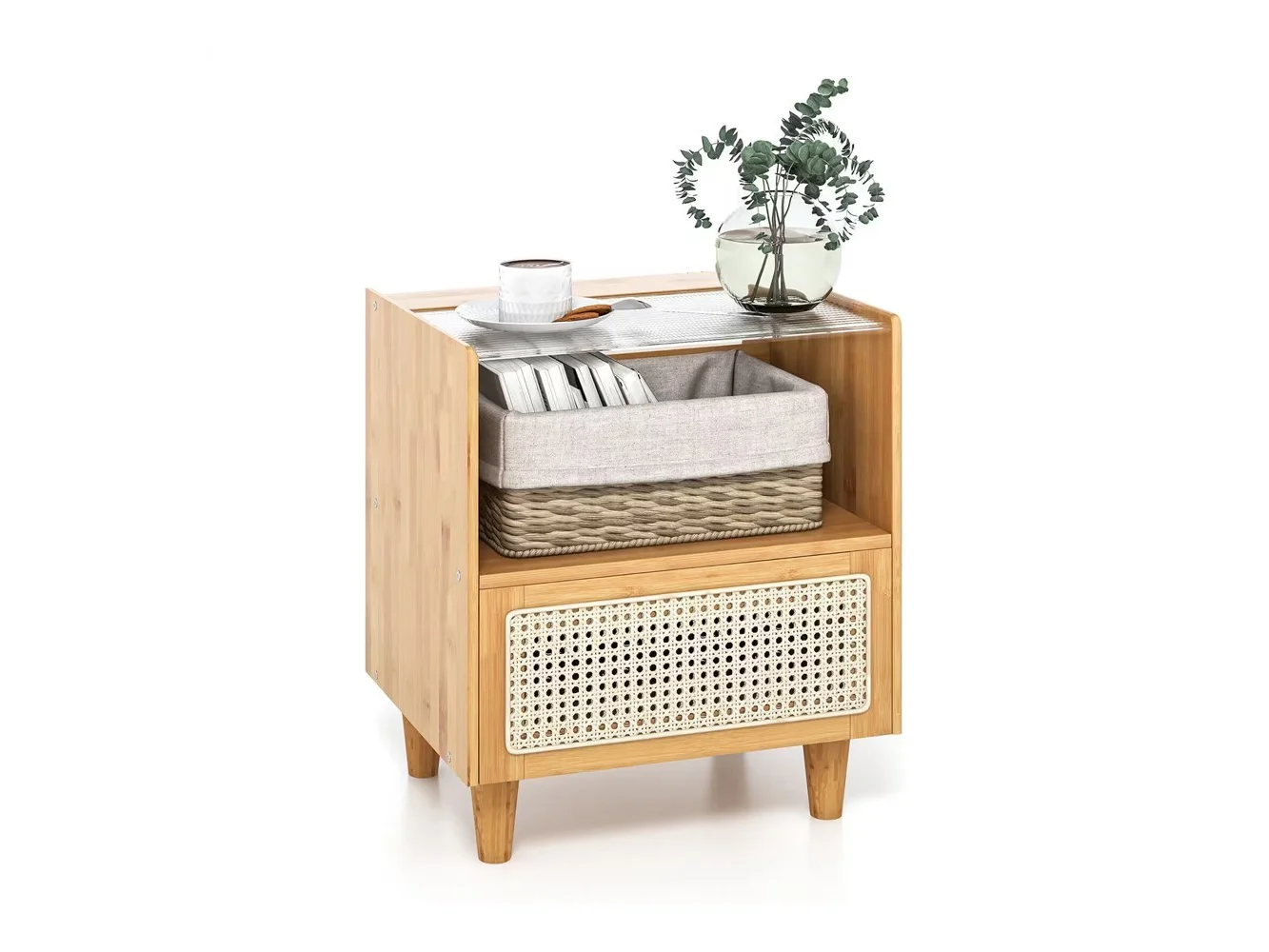 **Costway - Bamboo Rattan Nightstand Boho Bedside End Table with Drawer & Wood Legs - Natural**