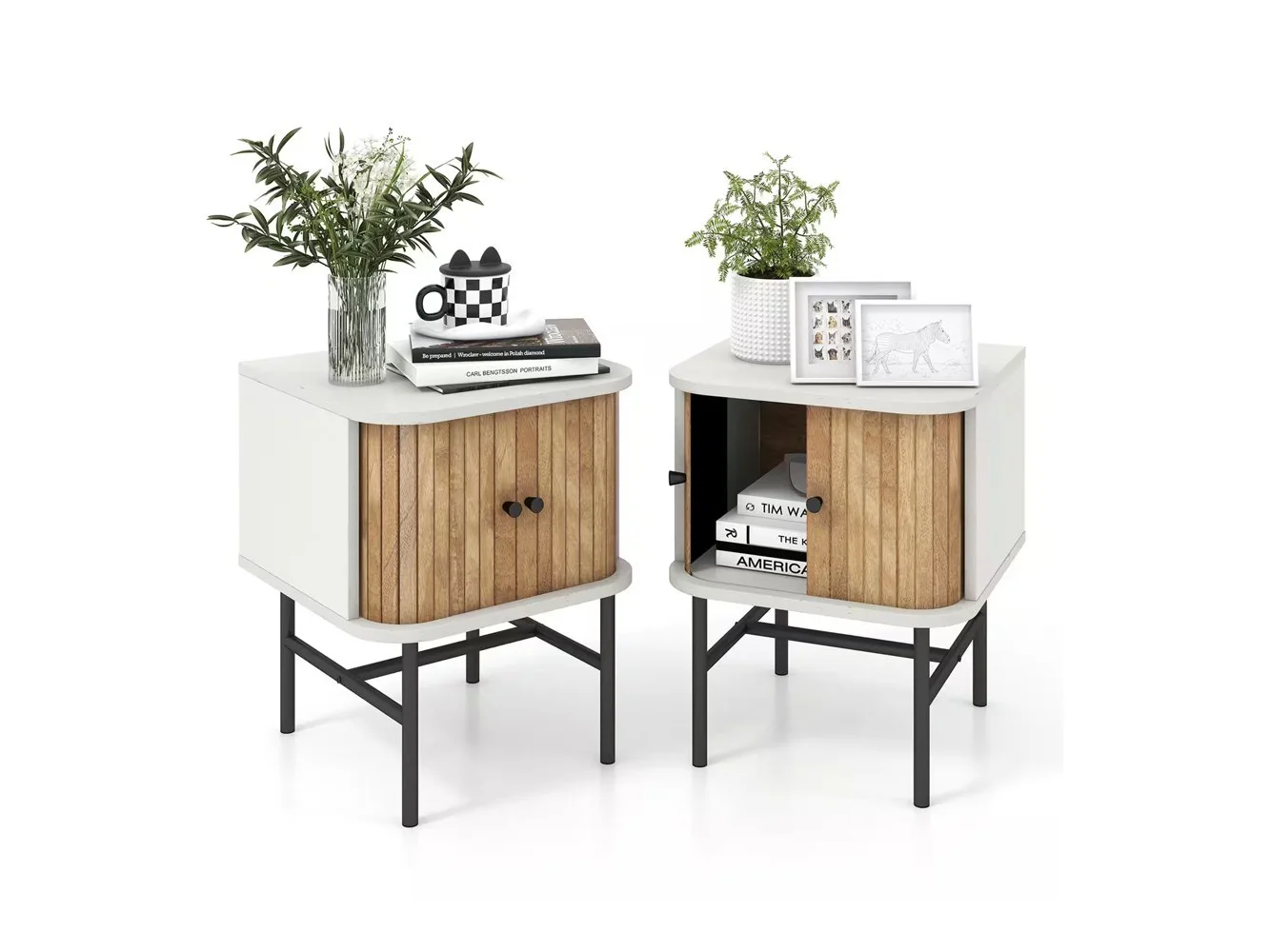 **Costway - Set of 2 Nightstand Compact Modern End Side Table with Sliding Doors - Distressed White**
