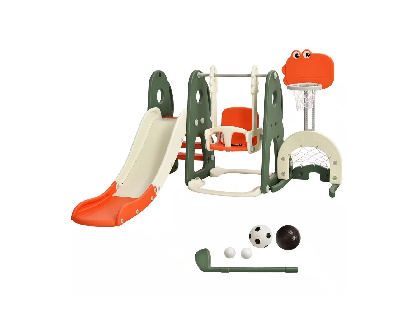 **Costway - 6 in 1 Toddler Slide and Swing Set Climber Playset w/ Ball Games - Orange**