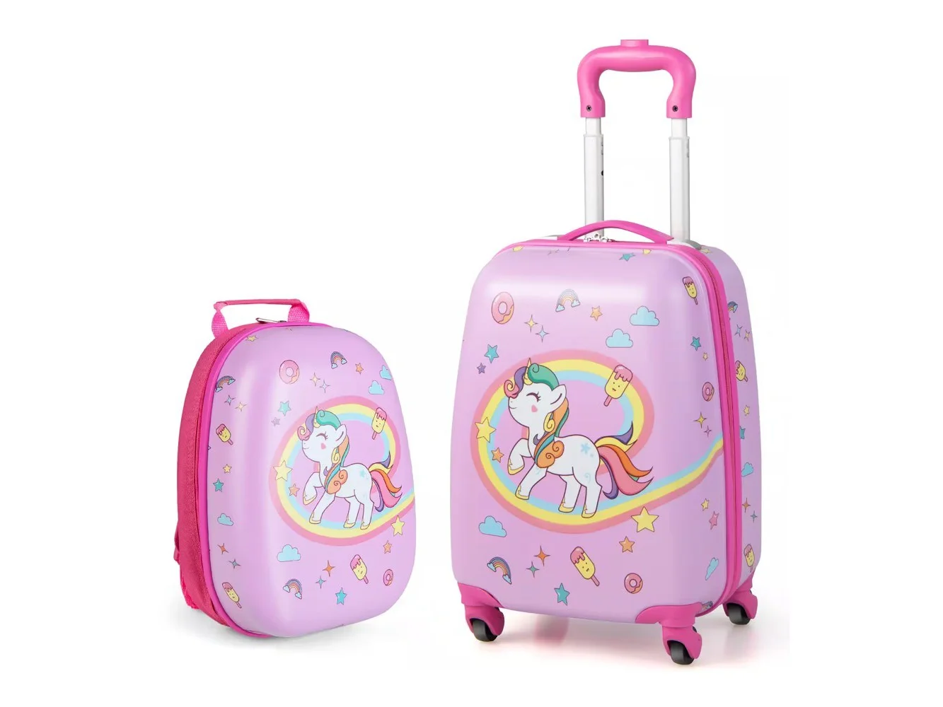 **Costway - 2PC Kids Carry On Luggage Set 12" Backpack and 16" Rolling Suitcase for Travel - Pink**