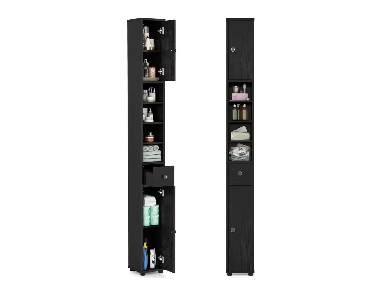**Gymax - Tall Slim Bathroom Storage Cabinet Linen Tower w/Drawer Adjustable Shelves - Black**