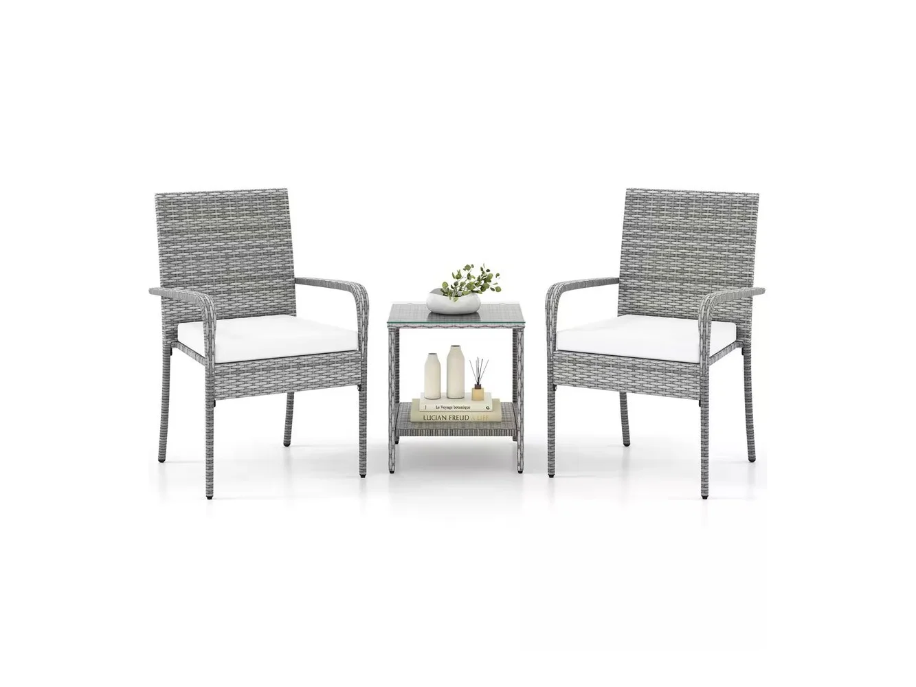 **Costway - 3 PCS Patio Furniture Set with Seat Cushions & Tempered Glass Tabletop - Gray,White**