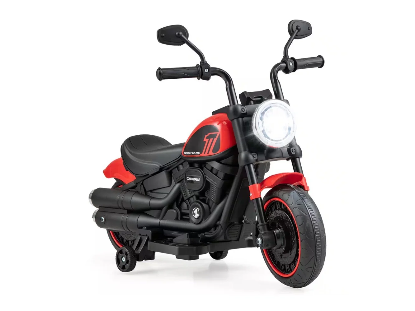 **Costway - 6V Kids Electric Motorcycle with Training Wheels LED Headlights Music Board - Red**