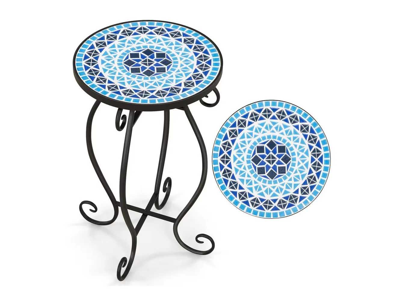 **Costway - Outdoor Indoor Accent Table,Mosaic Patio Table, Plant Stand Cobalt Blue Color Scheme Garden Steel - multicolor**