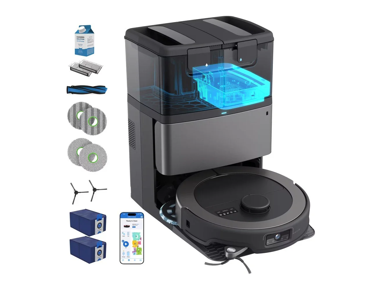 **bObsweep - Maxim All-in-One Robot Vacuum & Mop, 22000 Pa Suction, Odor-Filter AutoWash/Dry/Empty Dock, w EdgeReach - Titanium Black**