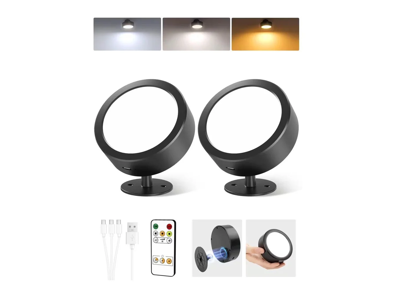 **EZVALO - 2 Pack Rotation Dimmable Cordless Wall Mounted Light LED Wall Sconce Smart Recessed Lighting with Remote-3 Temps - Black**