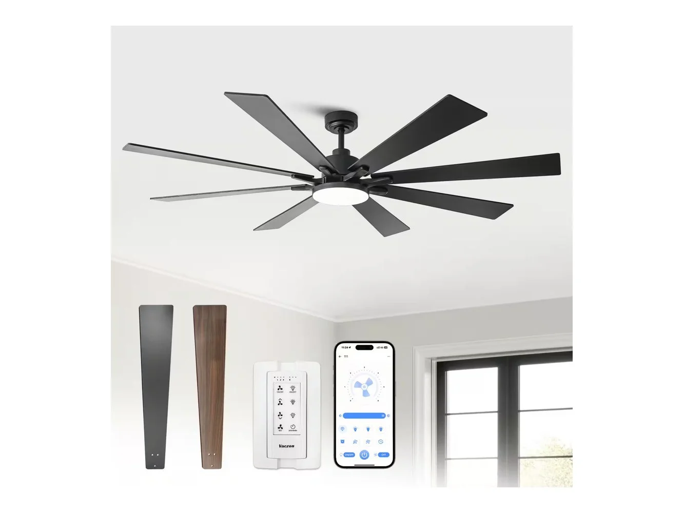 **Vaczon - 72" Modern Industrial Large Smart Ceiling Fan with Light and APP Control, Dual Color Blades, DC Motor - Black**