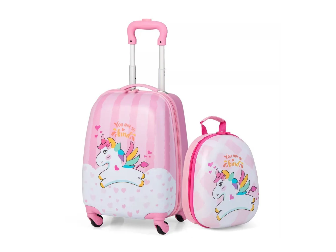 **Costway - 2PC Kids Carry On Luggage Set 12'' Backpack and 16'' Rolling Suitcase for Travel - Pink/White**