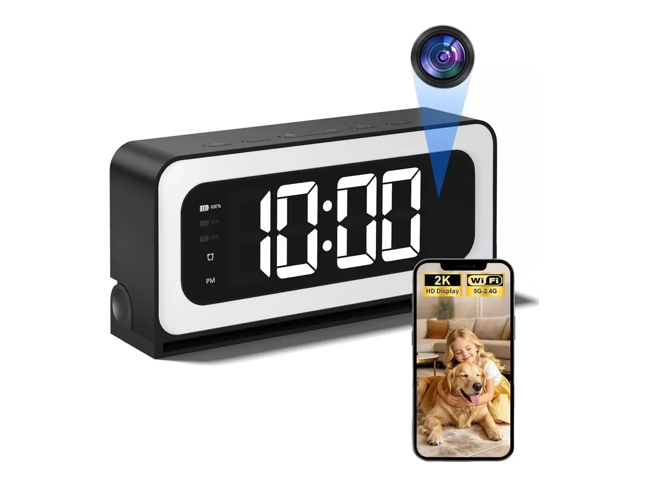 **Core Tech - 2K Dual-Band Wi-Fi Alarm Clock Indoor Security Monitor with Full-Color Night Vision and Motion Alerts - Black**