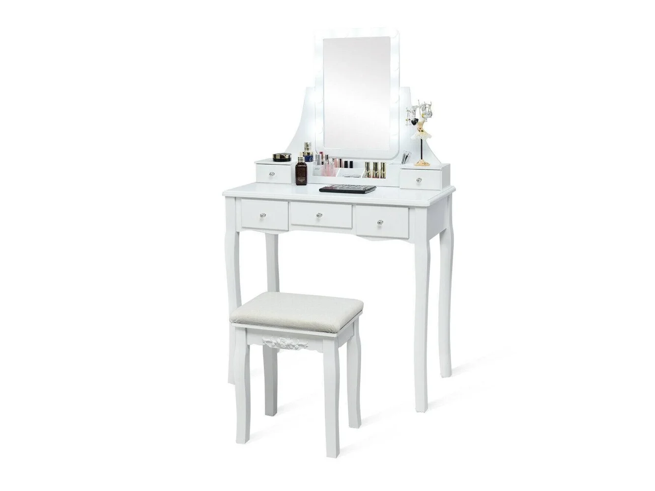**Costway - Vanity Dressing Table Set w/Removable Box &10 Dimmable Bulbs Touch Switch - White**