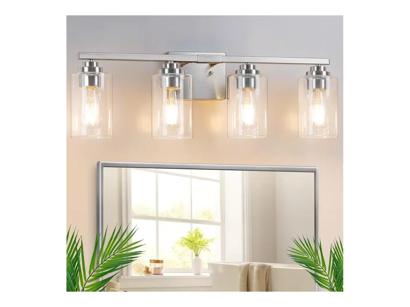 **Nordic Hygge - 4-Light Bathroom Light Fixtures, 27 inches Modern Vanity Lights Over Mirror with Clear Glass Shades - Brushed Nickle**