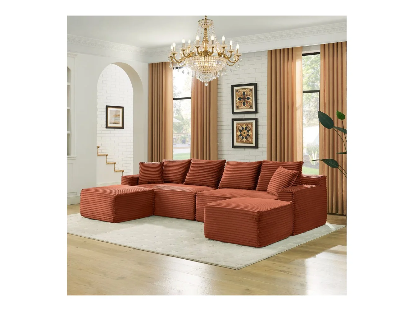 **Anysun - 115" U-Shape Boneless Corduroy Sectional with Chaise & Ottoman-No Assembly, Deep-Seat Modular Cloud Sofa for Living Room - Orange**