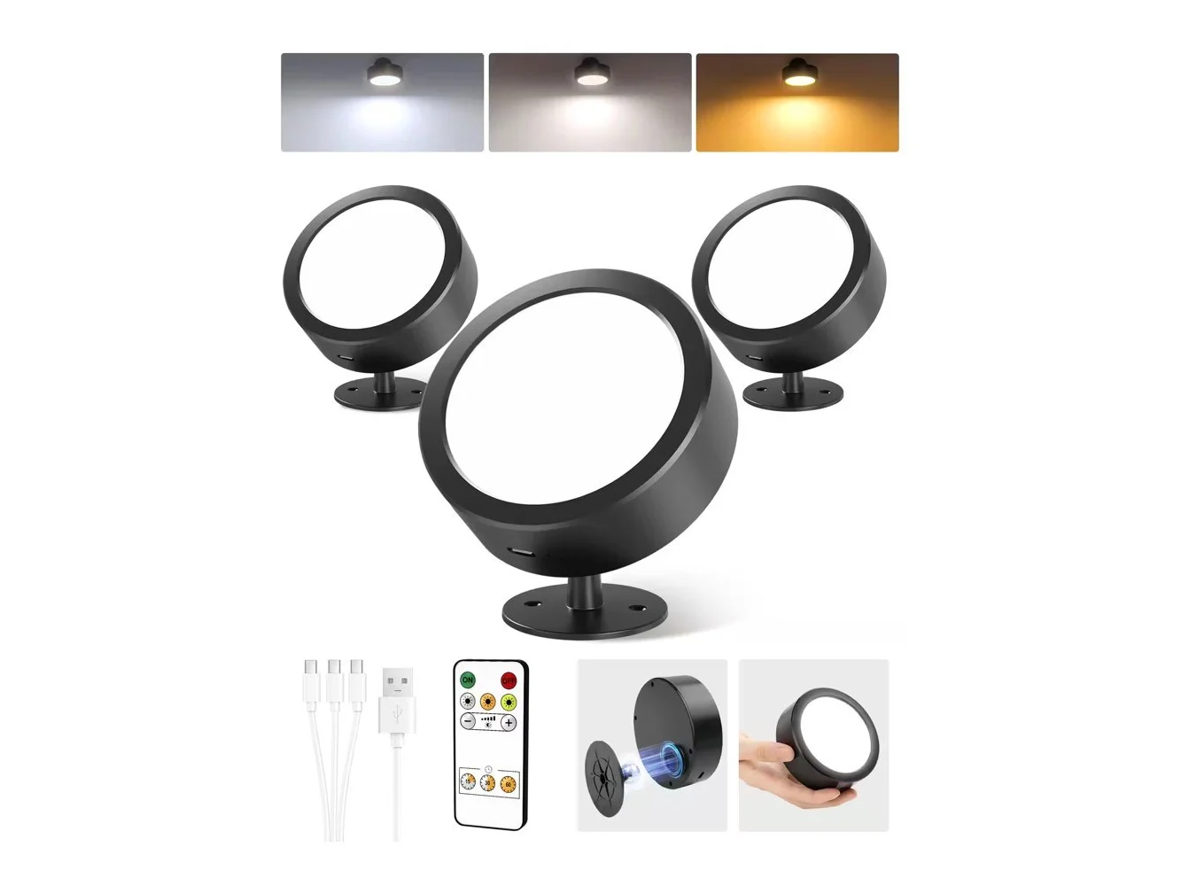 **EZVALO - 3 Pack Rotation Dimmable Cordless Wall Mounted Light LED Wall Sconce Smart Recessed Lighting with Remote-3 Temps - Black**