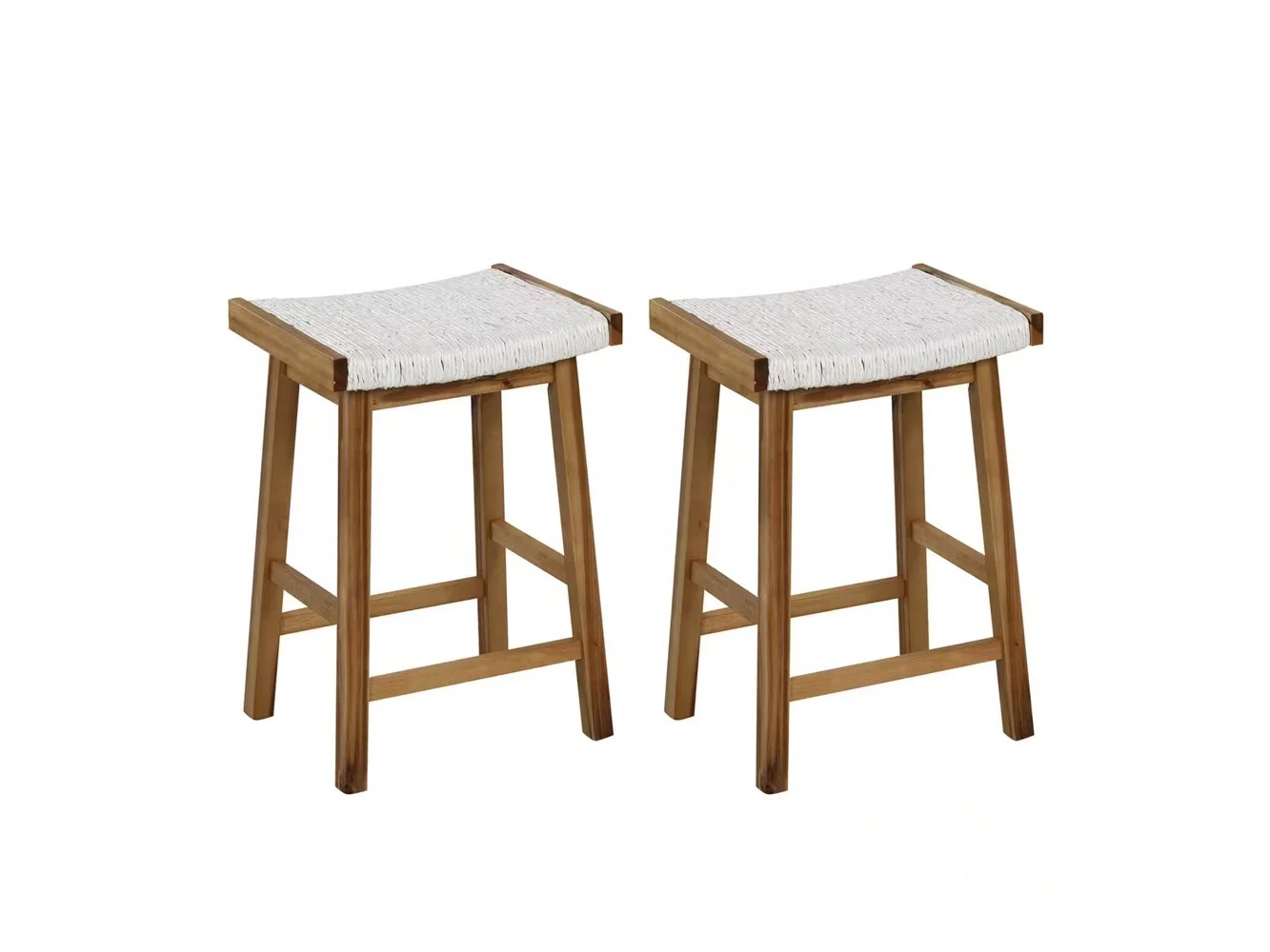 **Costway - 25.5" Dining Saddle Stool Set of 2 Counter Height Seaweed Woven Seat Solid Wood - Natural/Beige**