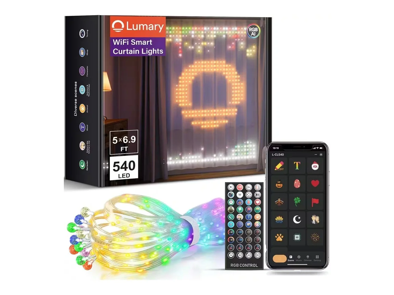 **Lumary - WiFi Smart Curtain Light with APP & Remote Control, DIY Color Changing Pattern GIF Display for Outdoor Indoor - Clear**