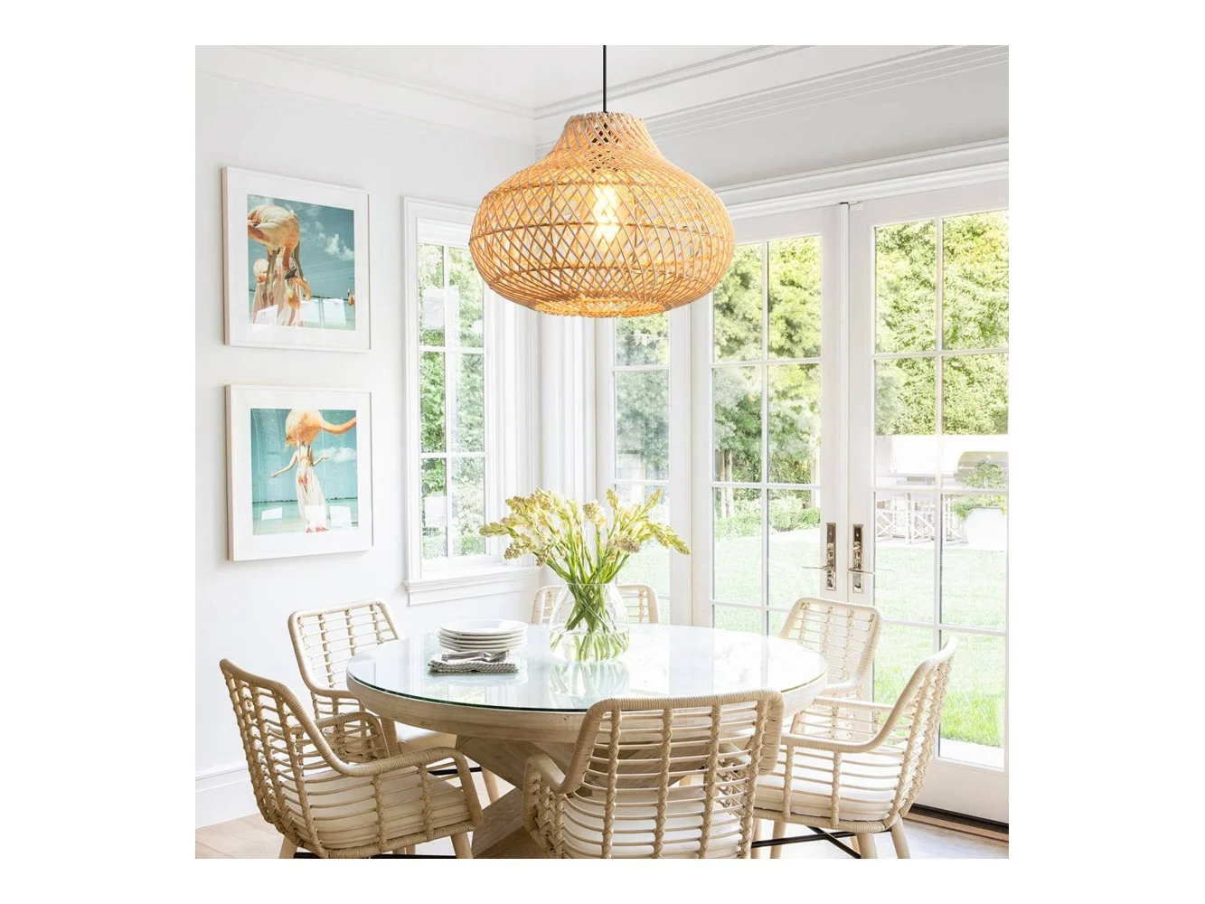 **Parrot Uncle - 1-Light Boho Rattan Hand-Woven Cloche Hanging Basket Pendant Light - Brown**
