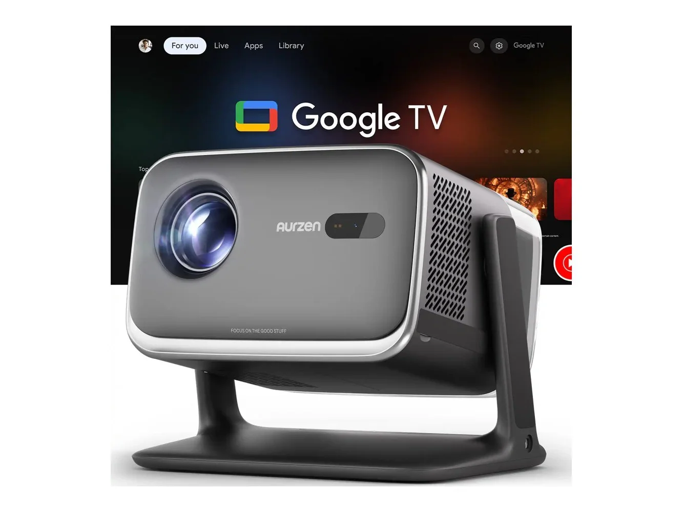 **Aurzen - Smart Projector, Built-in Google TV, 4K Supported, 20W Visible Speakers, DoIby Audio, TOF Auto Focus, 500 ANSI Lumens - Black**