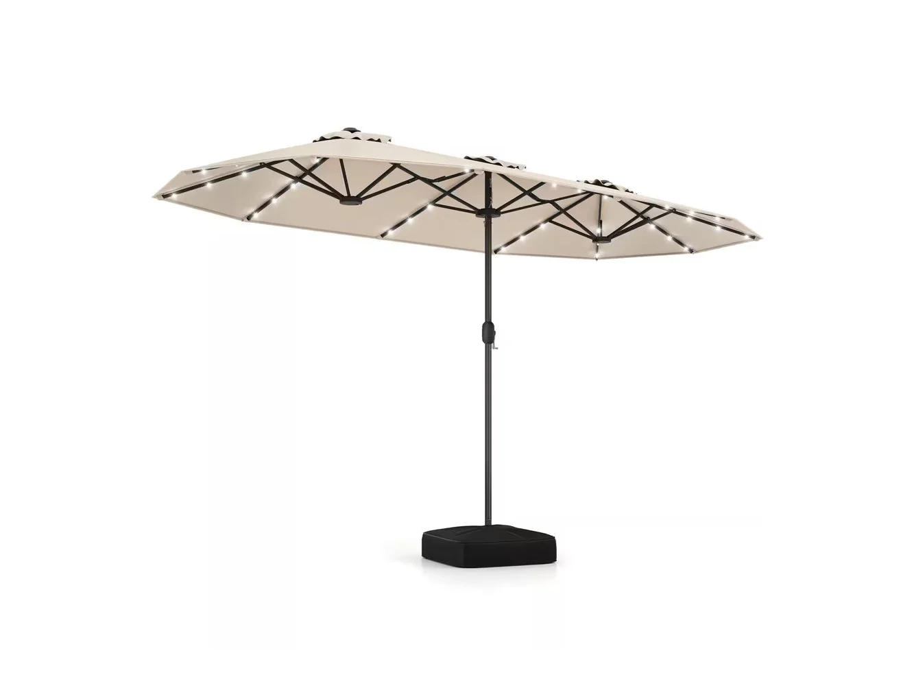 **Costway - 13FT Double-sided Patio Umbrella with Solar Lights Crank Handle Umbrella Base - Beige**