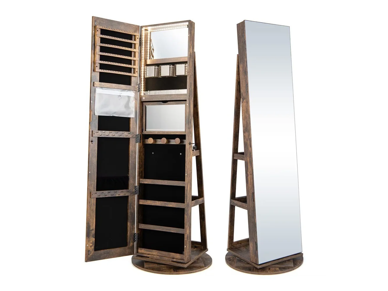 **Gymax - Rotating Mirrored Jewelry Cabinet with Mirror Storage Shelves - Coffee**