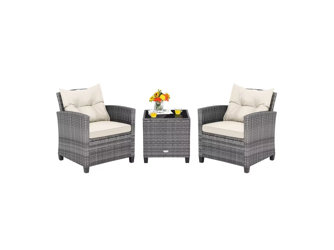 **Costway - 3PCS Patio Rattan Furniture Bistro Set Cushioned Sofas Side Table Armrest - MiX Gray + Beige**