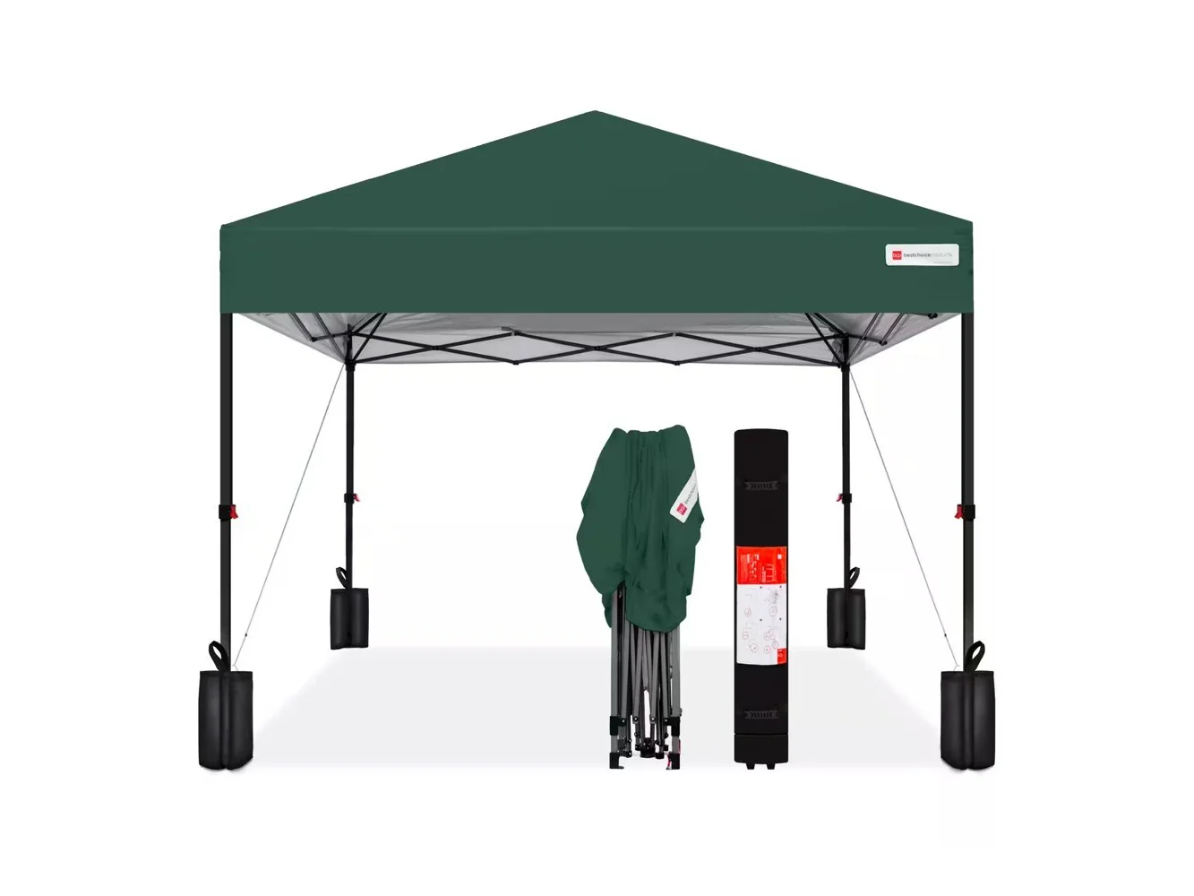 **Best Choice Products - 8x8ft Easy Setup Pop Up Canopy w/ 1-Button Setup, Wheeled Case, 4 Weight Bags - Dark Green**