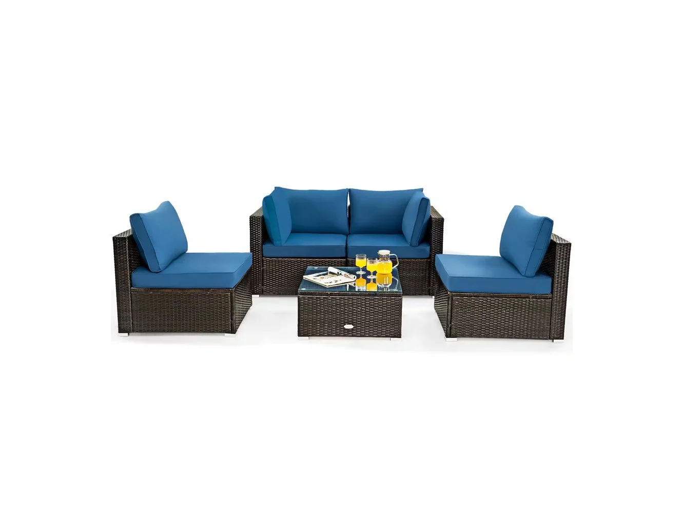 **Costway - 5PCS Patio Rattan Furniture Set Cushioned Sofa Chair Coffee Table - Navy**