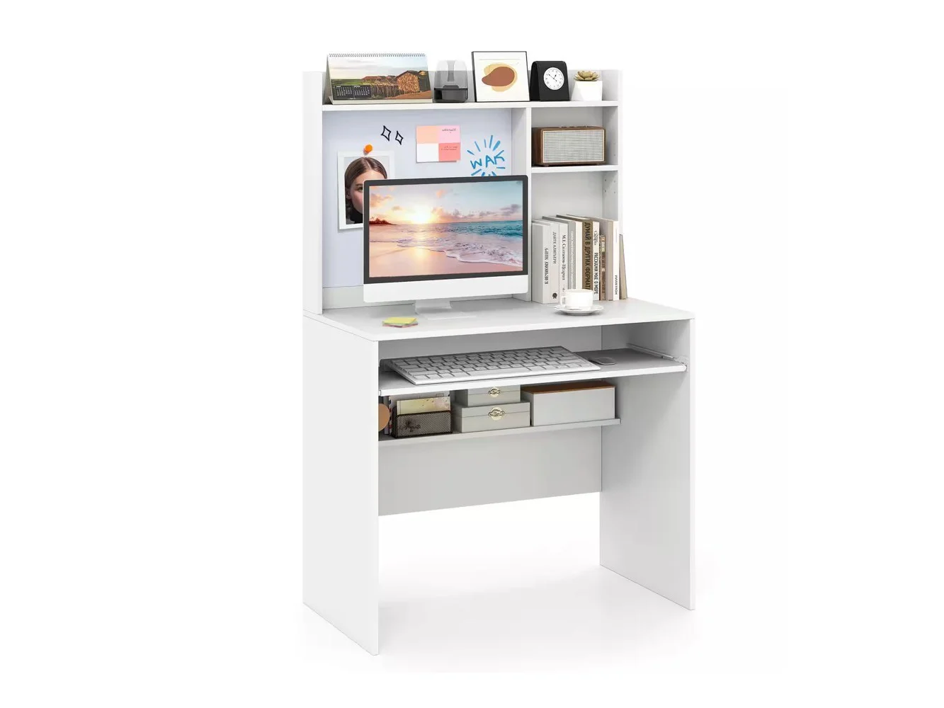 **Costway - Computer Desk with Hutch Space Saving Laptop Desk with Magnetic Whiteboard - White**