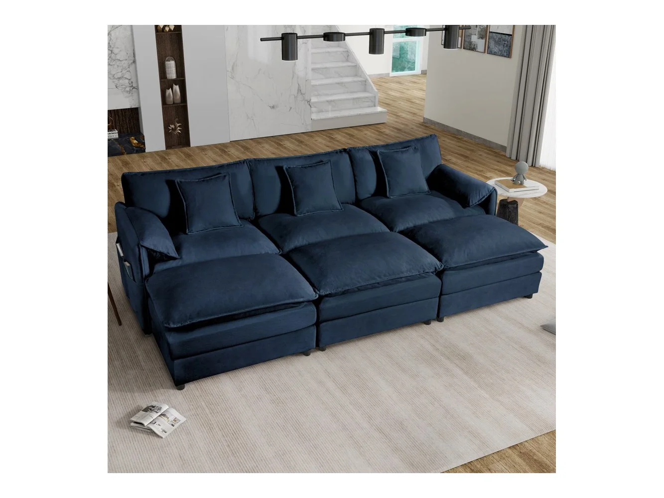 **Anysun - Oversized Deep-Seat Sectional Cloud Sofa Sleeper with 3 Ottomans & Pillows - Modular Chenille Couch Bed for Living Room - Blue**