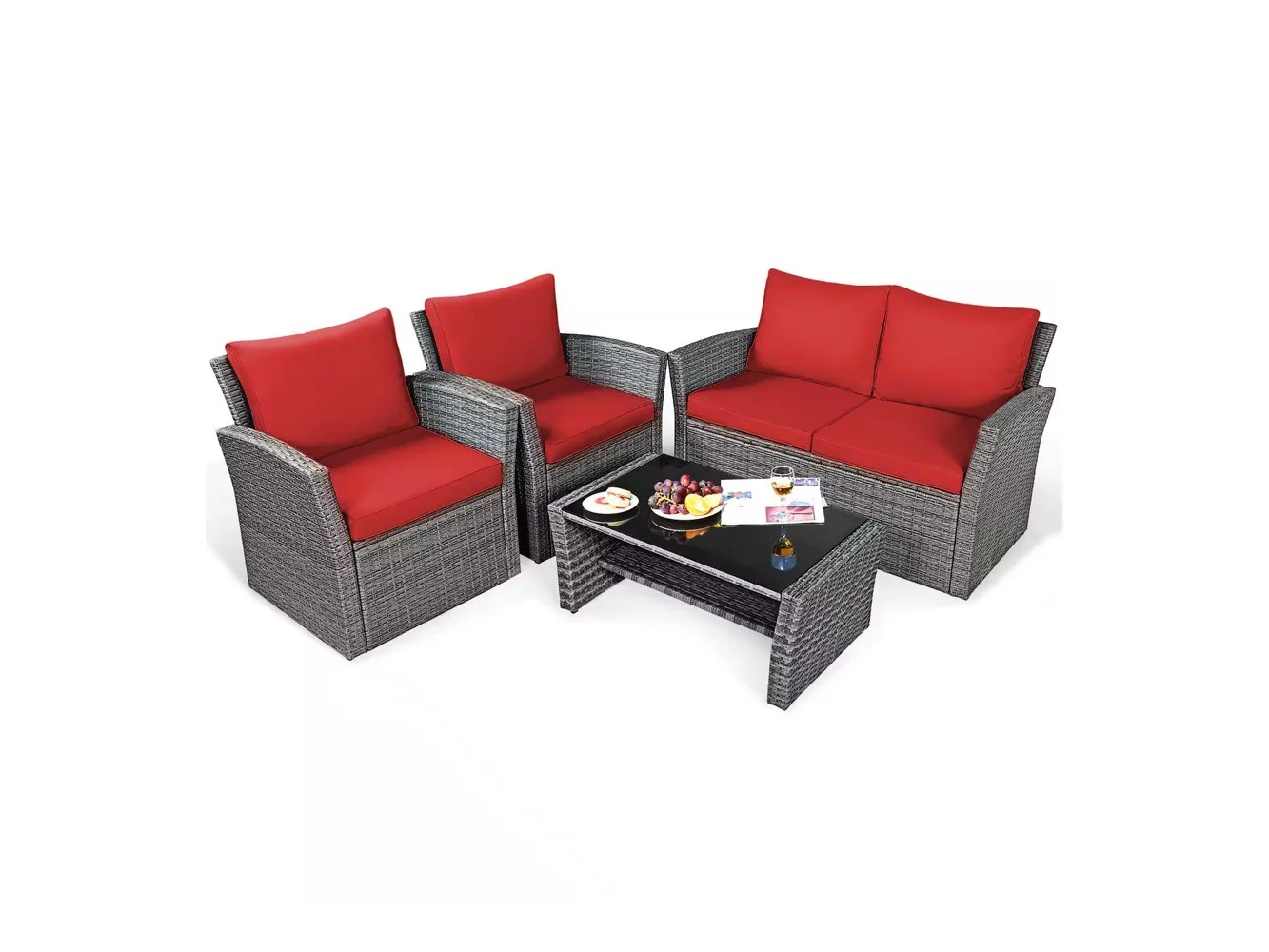 **Costway - 4PCS Patio Rattan Furniture Set Sofa Table W/Storage Shelf Cushion - Red**