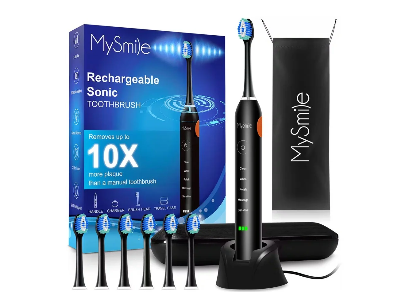 **MySmile - Elite Rechargeable Sonic Toothbrush with 5 Modes - 6 Brush Heads - Travel Case - Black**