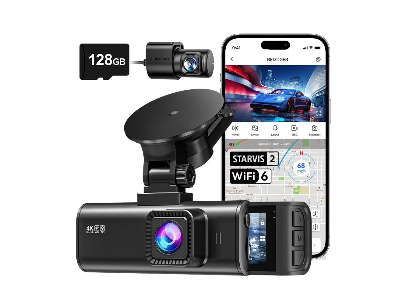 **REDTIGER - 4K Dash Cam, STARVIS 2, 5.8GHz WiFi, GPS, WDR Night Vision, 128G Card - Black**