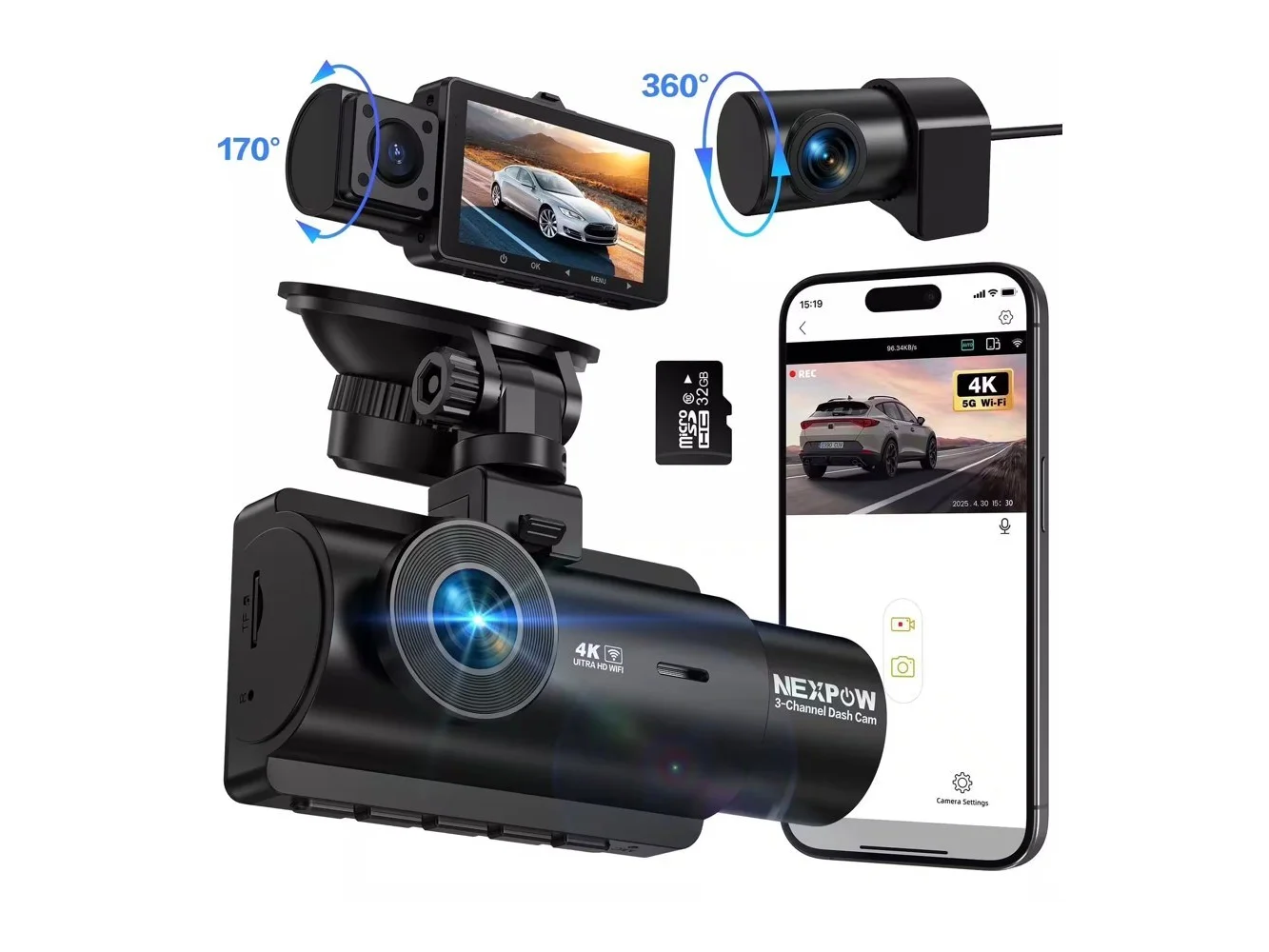 **NEXPOW - 3 Channel Dash Cam 4K Front Rear Cabin WiFi GPS 1080P Night Vision WDR G Sensor 32GB**