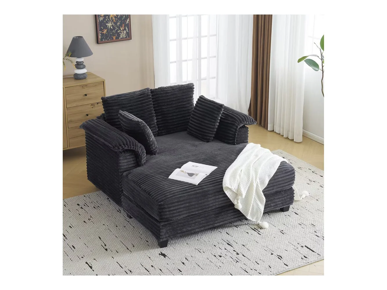 **Winado - 55.9"W × 59.4"D × 33.9"H Oversized Corduroy Chaise Sofa Recliner Bed Chaise Lounge Chair Upholstered Comfy Sleeper Couch - Dark Gray**