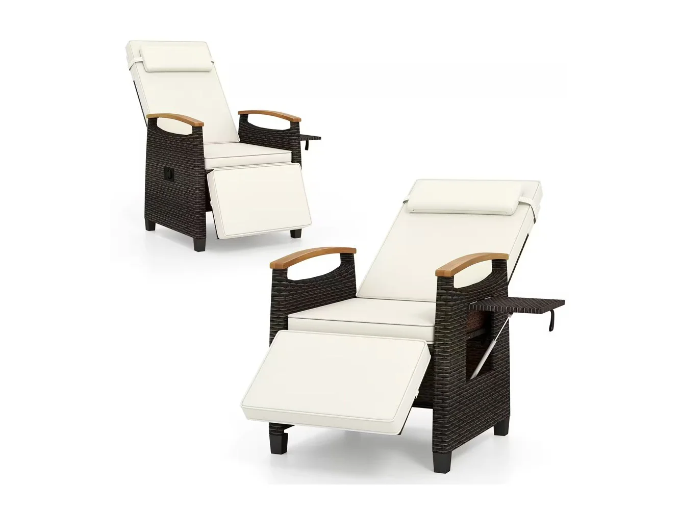 **Gymax - 2PCS Patio Rattan Lounge Chair PE Wicker Recliner Chair w/ Adjustable Backrest & Footrest White - Mix Brown, Off White**