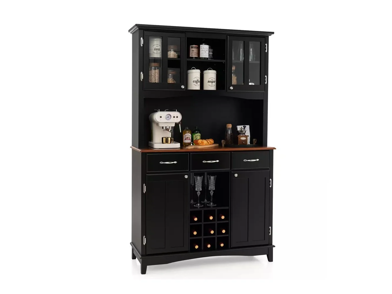 **Costway - Buffet And Hutch Kitchen Storage Cabinet Cupboard w/ Wine Rack & Drawers - White**