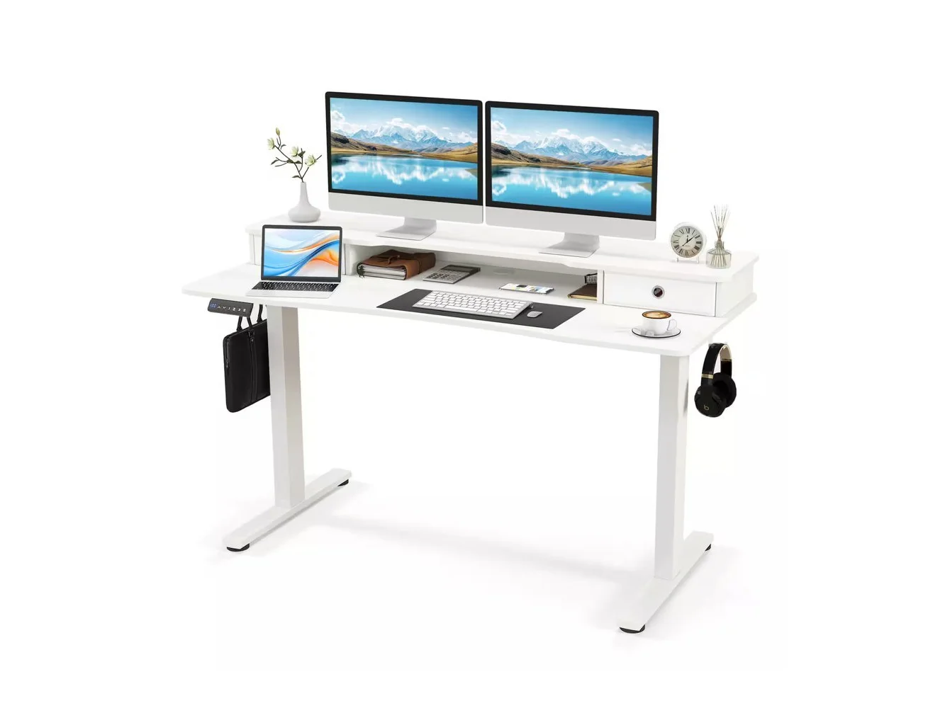 **Costway - 55"x 24" Electric Standing Desk with 2 Drawers Monitor Stand Storage Shelf - White**