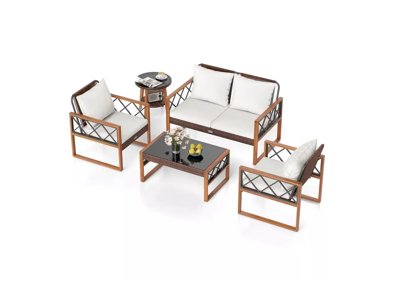 **Costway - 5 PCS PE Wicker Patio Furniture Set with Acacia Wood Frame Cushions for Deck Garden - Mix Brown,Off-White**